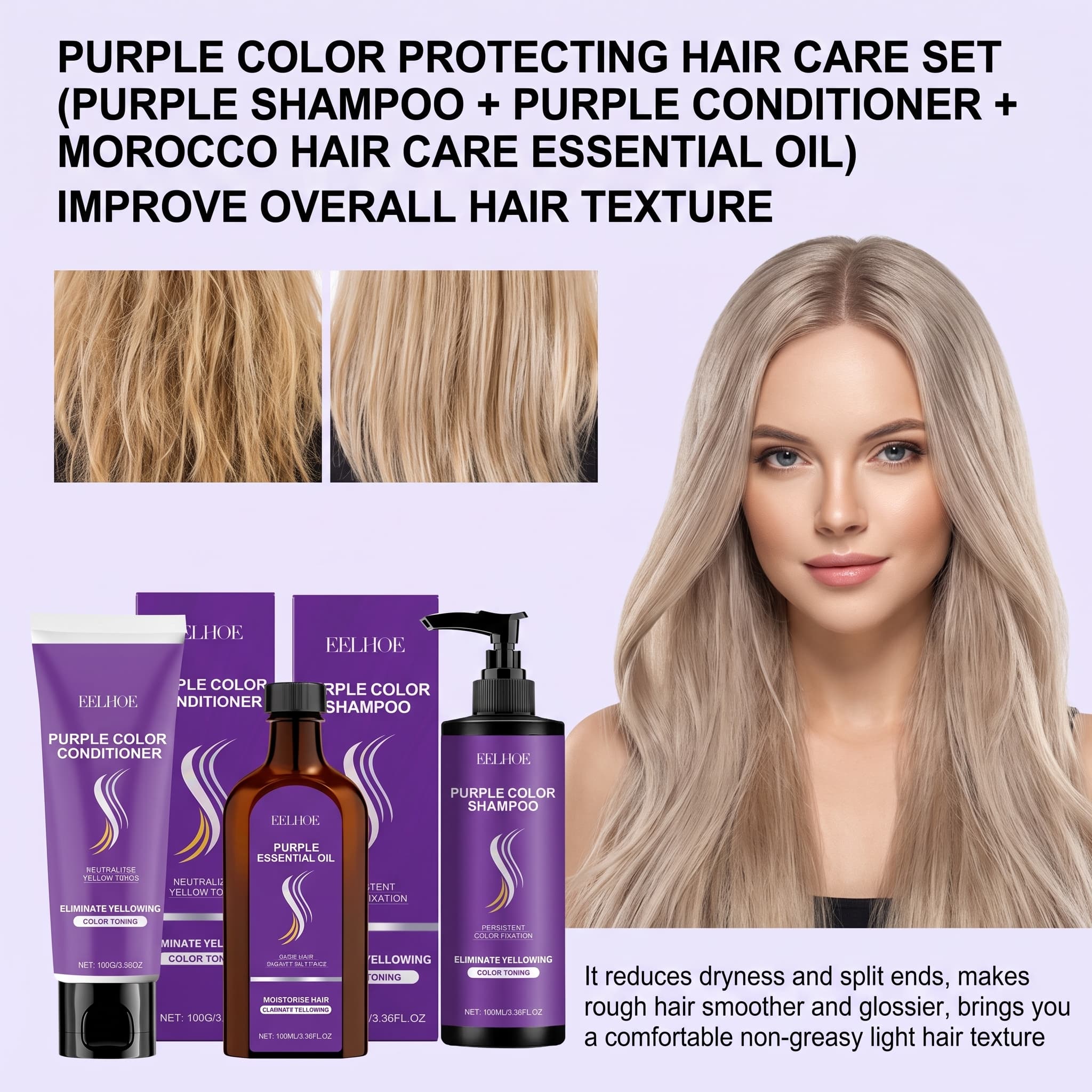 Hair Care Products - Ensemble shampoing violet avec après-shampoing, huile